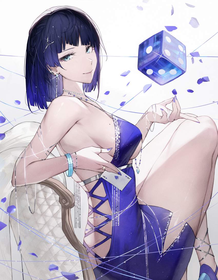 1girl ace_of_spades bangs bare_legs black_hair blue_footwear blue_hair blue_nails bracelet breasts butt_crack card closed_mouth cross-laced_dress diagonal_bangs dice dress earrings genshin_impact green_eyes high_heels highres holding holding_card jewelry large_breasts looking_at_viewer multicolored_hair necklace qiandaiyiyu ring short_hair side_slit sideboob sitting sleeveless sleeveless_dress smile solo spade_(shape) thighs two-tone_hair yelan_(genshin_impact)