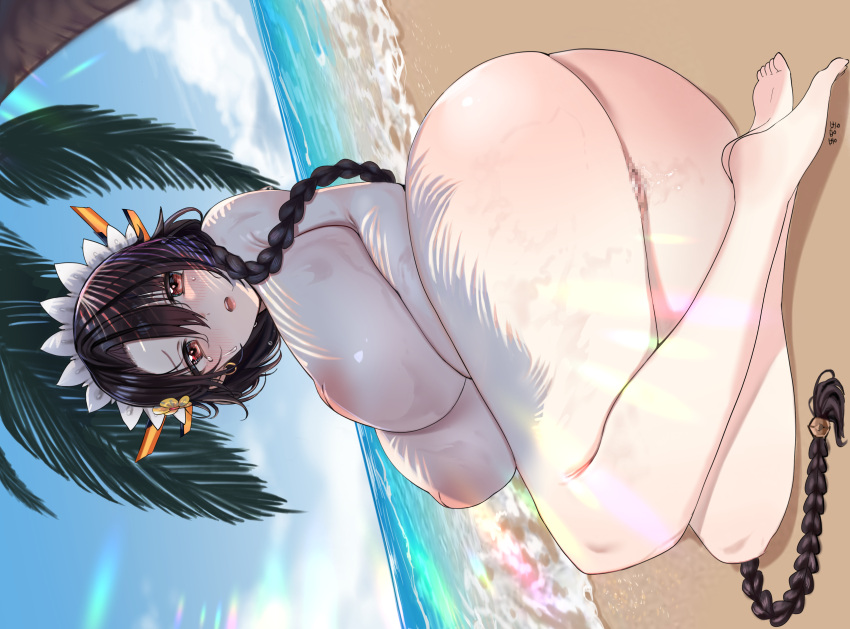 1girl absurdres ass beach black_hair blush braid breasts brown_eyes censored completely_nude curvy highres huge_breasts inverted_nipples large_breasts last_origin long_hair lying mosaic_censoring nude ocean on_side open_mouth palm_tree pussy sand side_braid single_braid tongtangtong tree very_long_hair water