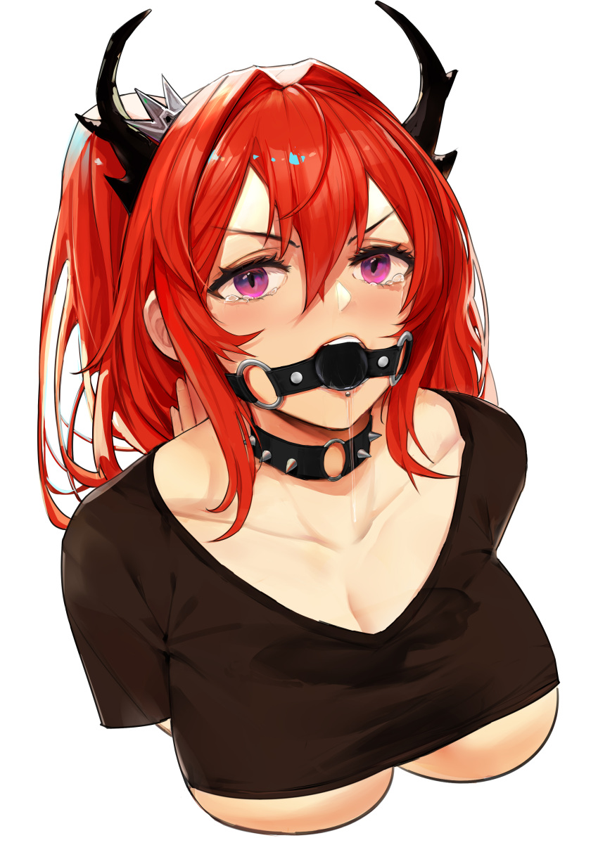 1girl absurdres arknights ball_gag bdsm black_shirt bondage bound breasts but collar crop_top cropped_torso gag gagged hair_intakes highres horns large_breasts long_hair ponytail purple_eyes red_hair reverse_prayer saliva_drip shirt spiked_collar spikes surtr_(arknights) surtr_(liberte_echec)_(arknights) tears underboob white_background