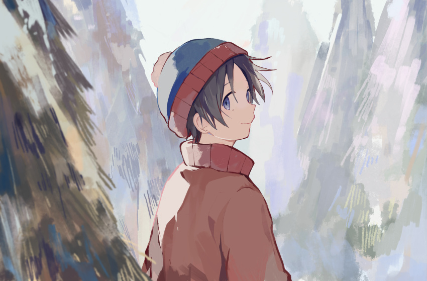 absurdres beanie black_hair blue_eyes from_behind hat highres looking_back outdoors short_hair smile solo south_park stan_marsh toukashi_(2tou9) tree