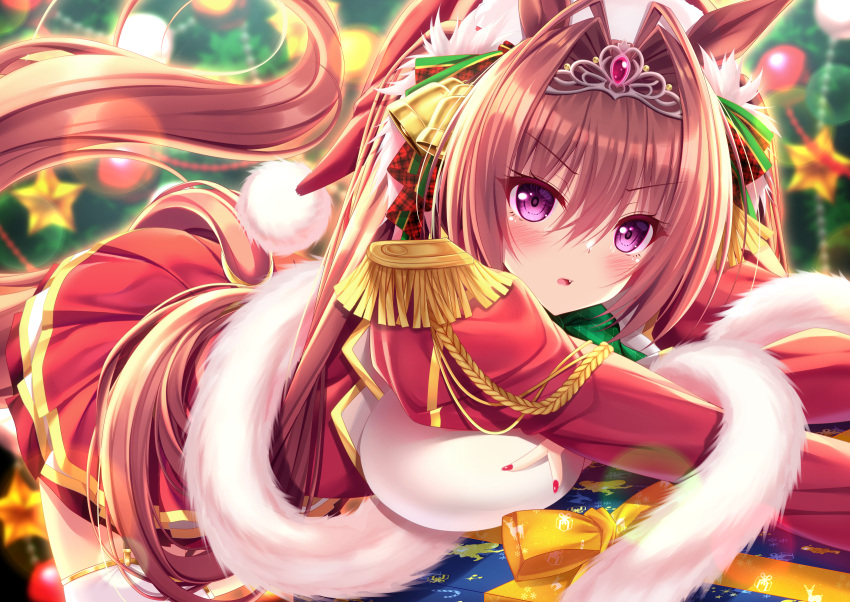 1girl animal_ears bangs bell bent_over blurry blurry_background bow box breasts christmas christmas_ornaments christmas_tree commentary_request daiwa_scarlet_(umamusume) depth_of_field epaulettes eyebrows_visible_through_hair fang fingernails fur-trimmed_headwear gift gift_box hair_bell hair_between_eyes hair_bow hair_intakes hair_ornament hat heart highres horse_ears horse_girl horse_tail juliet_sleeves large_breasts long_hair long_sleeves looking_at_viewer nail_polish parted_lips plaid plaid_bow pleated_skirt puffy_sleeves purple_eyes red_bow red_headwear red_nails red_skirt revision santa_hat shirt skirt solo tail thighhighs tiara twintails umamusume v-shaped_eyebrows very_long_hair white_legwear white_shirt yunagi_amane
