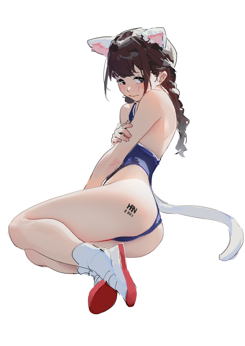 1girl 2022 absurdres animal_ears ass back bangs bare_arms blue_swimsuit blush braid brown_eyes brown_hair cat_ears cat_tail covering covering_breasts embarrassed eyebrows_visible_through_hair full_body han-0v0 highres looking_at_viewer one-piece_swimsuit original sidelocks simple_background single_braid socks solo swimsuit tail tattoo thighs wavy_mouth white_background white_legwear white_tail