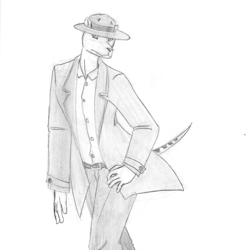 absurd_res anthro belt benjamin_(efradraws) clothing coat dasyuromorph detective efradraws graphite_(artwork) hat headgear headwear hi_res male mammal marsupial monochrome pencil_(artwork) pose raised_tail shirt simple_background sketch solo t-shirt thylacine topwear traditional_media_(artwork) trenchcoat