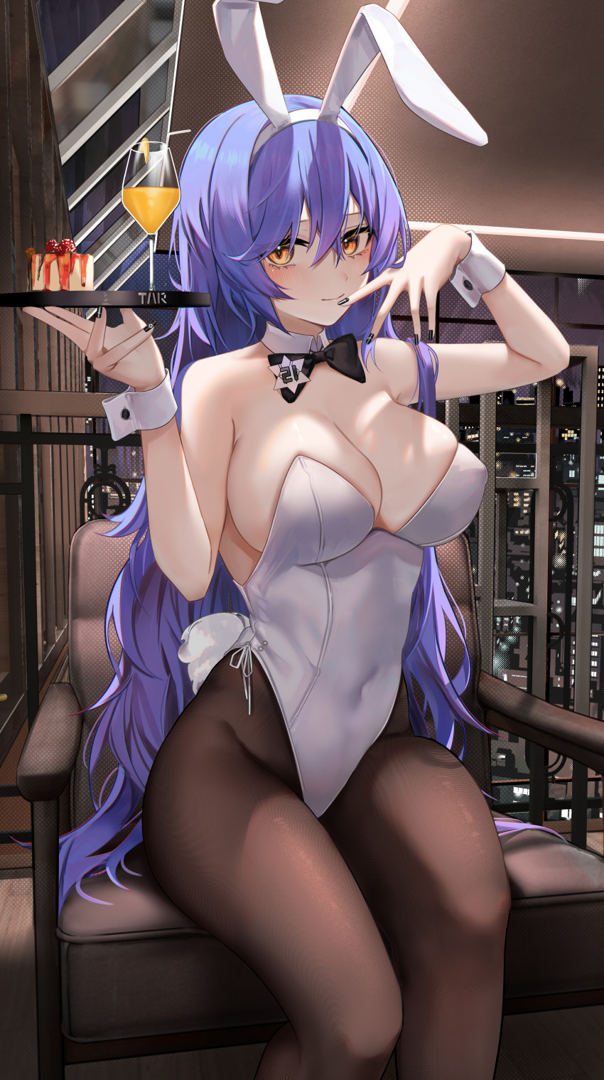 1girl absurdres alternate_costume animal_ears bangs bare_shoulders black_bow black_bowtie black_nails blue_hair bow bowtie breasts brown_legwear cake chair cleavage closed_mouth covered_navel cup detached_collar drinking_glass fake_animal_ears food girls'_frontline hair_between_eyes hands_up highres holding holding_tray large_breasts leotard long_hair looking_at_viewer pantyhose playboy_bunny rabbit_ears ru_zhai sitting skindentation smile solo strapless strapless_leotard tar-21_(girls'_frontline) tray very_long_hair white_leotard wrist_cuffs yellow_eyes
