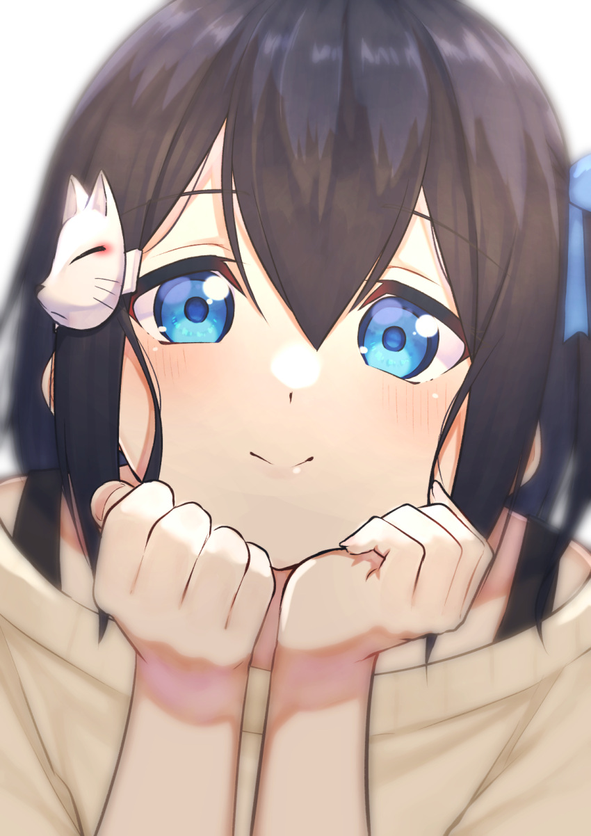 1girl bangs bare_shoulders black_hair blue_bow blue_eyes blush bow brown_sweater closed_mouth commentary_request eyebrows_visible_through_hair fox_mask hair_between_eyes hair_bow hair_ornament hairclip hands_up highres long_hair looking_at_viewer mask mask_on_head off-shoulder_sweater off_shoulder one_side_up original simple_background smile solo suzunari_shizuku sweater upper_body white_background yuki_arare