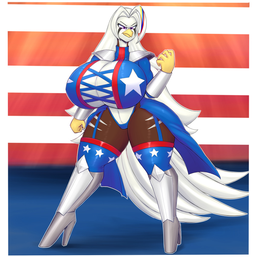 absurd_res accipitrid accipitriform angry anthro armor avian bald_eagle ballet ballet_boots big_breasts bird boiful boots bracers breasts chroma_(famwammer) cleavage cleavage_cutout clothed clothing coat dancewear eagle female fist footwear greaves hair hero_pose hi_res huge_breasts legwear patriotic_clothing pauldron purple_eyes sea_eagle solo stars_and_stripes thigh_highs topwear trenchcoat tricolor united_states_of_america white_hair