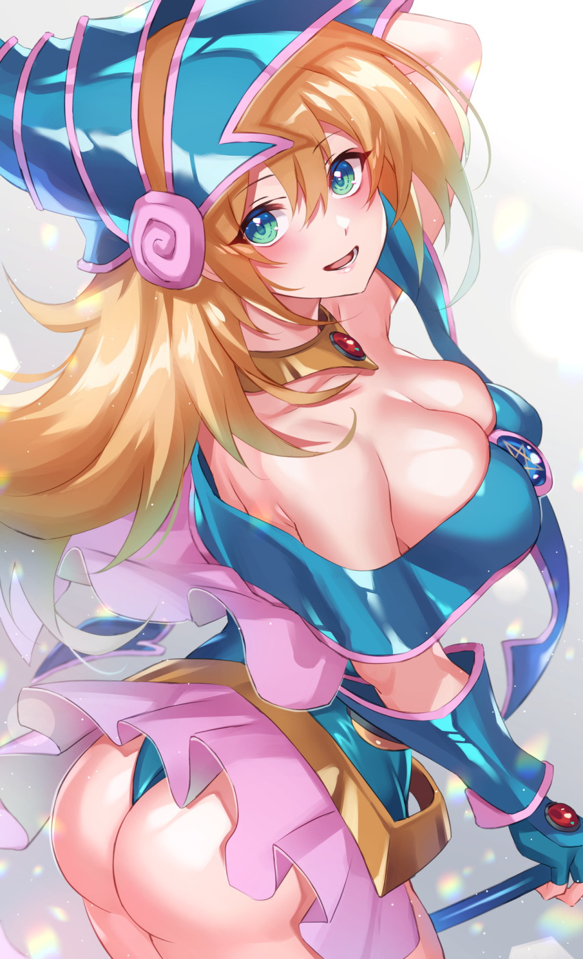 1girl :d arched_back arm_behind_head arm_up ass blonde_hair blue_gloves blue_leotard breasts commentary_request dark_magician_girl detached_sleeves fingerless_gloves frills from_side gem gloves green_eyes hat highres hikari_(komitiookami) holding holding_staff jewelry large_breasts leotard long_hair neck_ring off-shoulder_leotard open_mouth pentagram pink_skirt skindentation skirt smile solo staff wizard_hat yu-gi-oh!