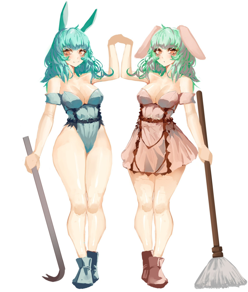 2girls animal_ears aqua_hair bare_shoulders breasts broom brown_dress brown_eyes brown_footwear character_request closed_mouth collarbone crowbar dog_ears dress eyebrows_visible_through_hair full_body green_hair grey_footwear highres holding holding_broom kasodani_kyouko large_breasts looking_at_viewer medium_hair multiple_girls simple_background standing strapless strapless_dress thighs tomatolover16 touhou white_background