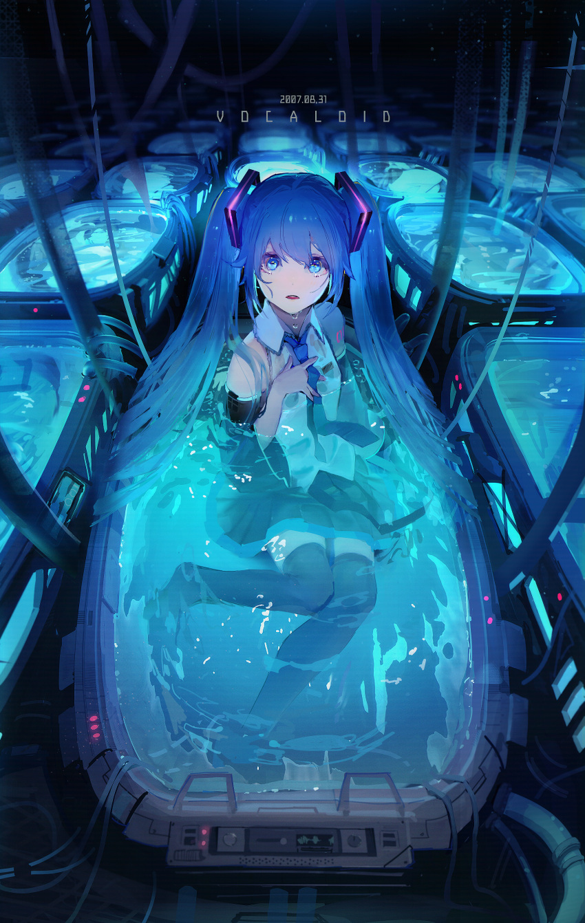 1girl absurdres aqua_eyes aqua_hair bangs bare_shoulders black_legwear blue_theme boots cable cardiogram commentary copyright_name detached_sleeves dripping hair_ornament hand_on_own_chest hatsune_miku highres idoukunn long_hair looking_at_viewer miniskirt necktie open_mouth partially_submerged pleated_skirt science_fiction shoulder_tattoo sitting skirt solo tattoo thigh_boots thighhighs twintails vocaloid waking_up water wet wet_clothes wire zettai_ryouiki