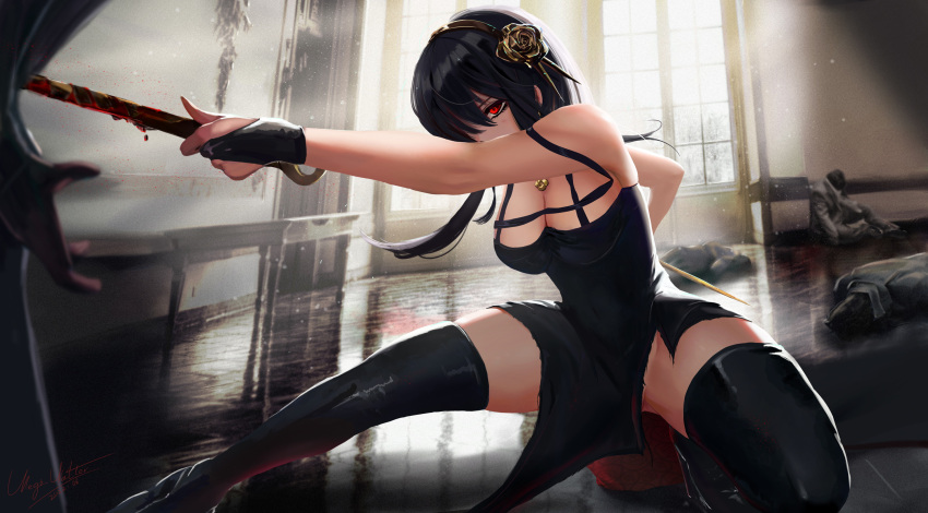 1girl 4boys black_dress black_gloves blood blood_on_weapon breasts cleavage corpse dagger dress dual_wielding fingerless_gloves floating_hair flower gloves gold_hairband hair_flower hair_ornament hair_over_one_eye highres holding holding_dagger holding_weapon knife large_breasts long_hair meginalter multiple_boys murder one_knee outstretched_leg red_eyes rose short_hair_with_long_locks sidelocks solo_focus spikes spy_x_family stab stiletto_(weapon) thighhighs thighs torn_clothes torn_dress two-sided_dress two-sided_fabric weapon yor_briar