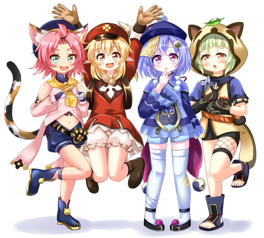 4girls :d animal_ears animal_print arms_up backpack bag bangs bangs_pinned_back bead_bracelet beads belt black_scarf bloomers blunt_bangs boots bracelet braid brown_footwear brown_gloves brown_scarf cabbie_hat cat_ears cat_girl cat_print cat_tail chinese_clothes clover_print coat coin_hair_ornament commentary_request detached_sleeves diona_(genshin_impact) eyebrows_visible_through_hair fake_animal_ears fake_tail fishnets forehead full_body genshin_impact gloves green_hair grey_hair hair_between_eyes hair_ribbon hat hat_feather hat_ornament highres jewelry jiangshi jumping klee_(genshin_impact) knee_boots kneehighs kuji-in leaf leaf_on_head light_brown_hair long_hair long_sleeves looking_at_viewer low_ponytail low_twintails midriff multiple_girls navel ofuda orange_eyes parted_lips paw_pose paw_print pink_hair pocket purple_eyes purple_hair qing_guanmao qiqi_(genshin_impact) raccoon_ears raccoon_hood raccoon_tail red_coat red_eyes red_headwear rena_(riries) ribbon sayu_(genshin_impact) scarf short_hair short_sleeves shuriken sidelocks single_braid smile standing standing_on_one_leg tail thick_eyebrows toeless_footwear twintails underwear weapon white_background white_legwear