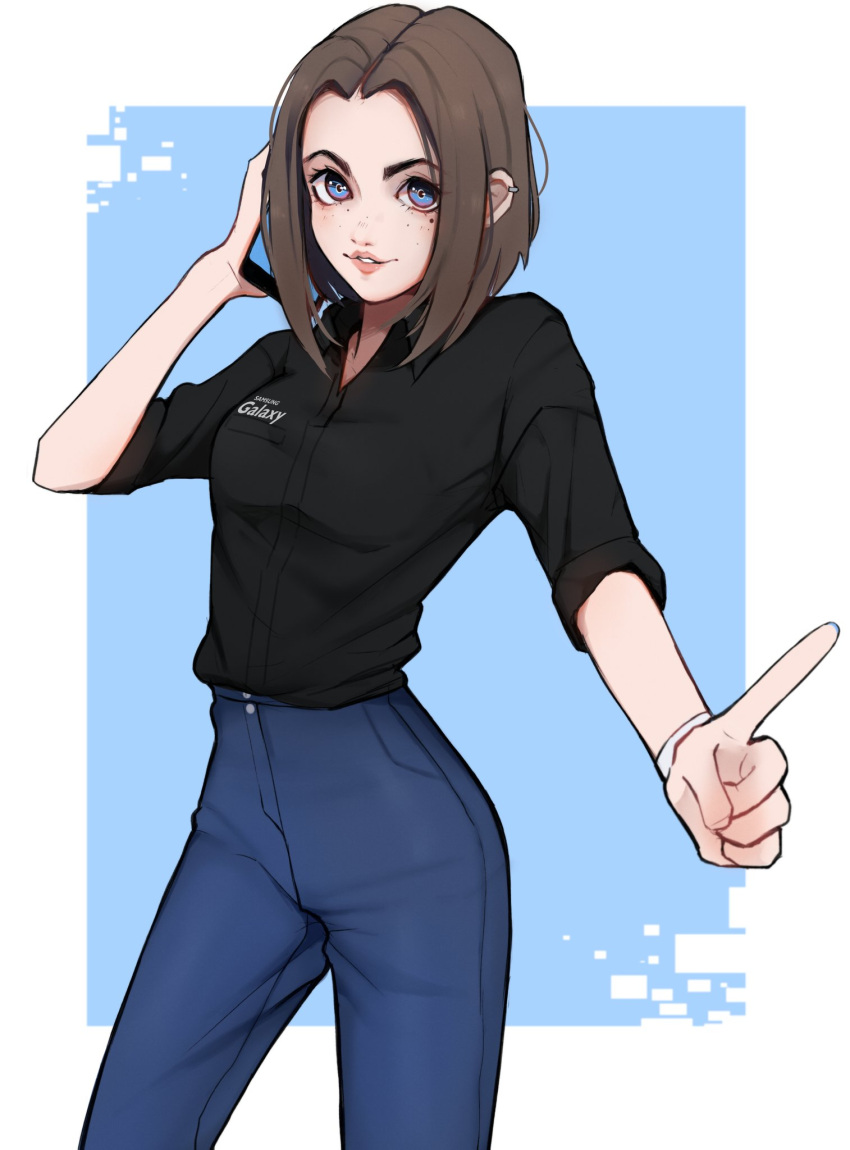 1girl black_shirt blue_eyes blue_pants bob_cut brown_hair cellphone collared_shirt denim ear_piercing freckles high-waist_pants highres index_finger_raised long_sleeves looking_at_viewer mole mole_under_eye narrow_waist netapai1 pants parted_lips phone piercing samsung samsung_sam shirt short_hair smartphone smile