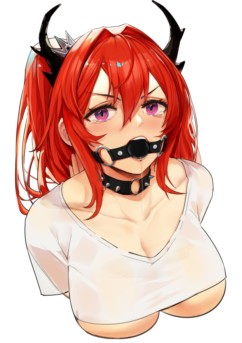 1girl absurdres arknights ball_gag bdsm bondage bound breasts but collar crop_top cropped_torso gag gagged hair_intakes highres horns large_breasts long_hair ponytail purple_eyes red_hair reverse_prayer saliva_drip shirt spiked_collar spikes surtr_(arknights) surtr_(liberte_echec)_(arknights) tears underboob white_background white_shirt