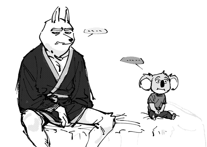 anthro arctic_wolf buster_moon canid canine canis clothing duo illumination_entertainment jimmy_crystal koala male mammal marsupial monochrome robe shirt sing_(movie) sitting t-shirt topwear unamused ut3 vombatiform wolf