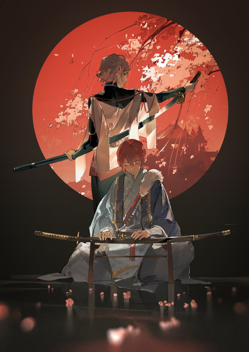2boys architecture back-to-back bangs beads black_shirt blue_kimono blurry branch building character_request closed_eyes closed_mouth depth_of_field east_asian_architecture ensemble_stars! facing_viewer flower fur_trim hair_between_eyes highres holding holding_sword holding_weapon indoors japanese_clothes kimono long_sleeves looking_at_viewer looking_back male_focus multiple_boys outstretched_arm petals pink_flower plant profile purple_eyes red_hair reflective_floor reverse_grip robe round_window sash sheath shirt short_hair shuyu08382645 sitting standing suou_tsukasa sword sword_behind_back tassel unsheathing weapon weapon_stand window
