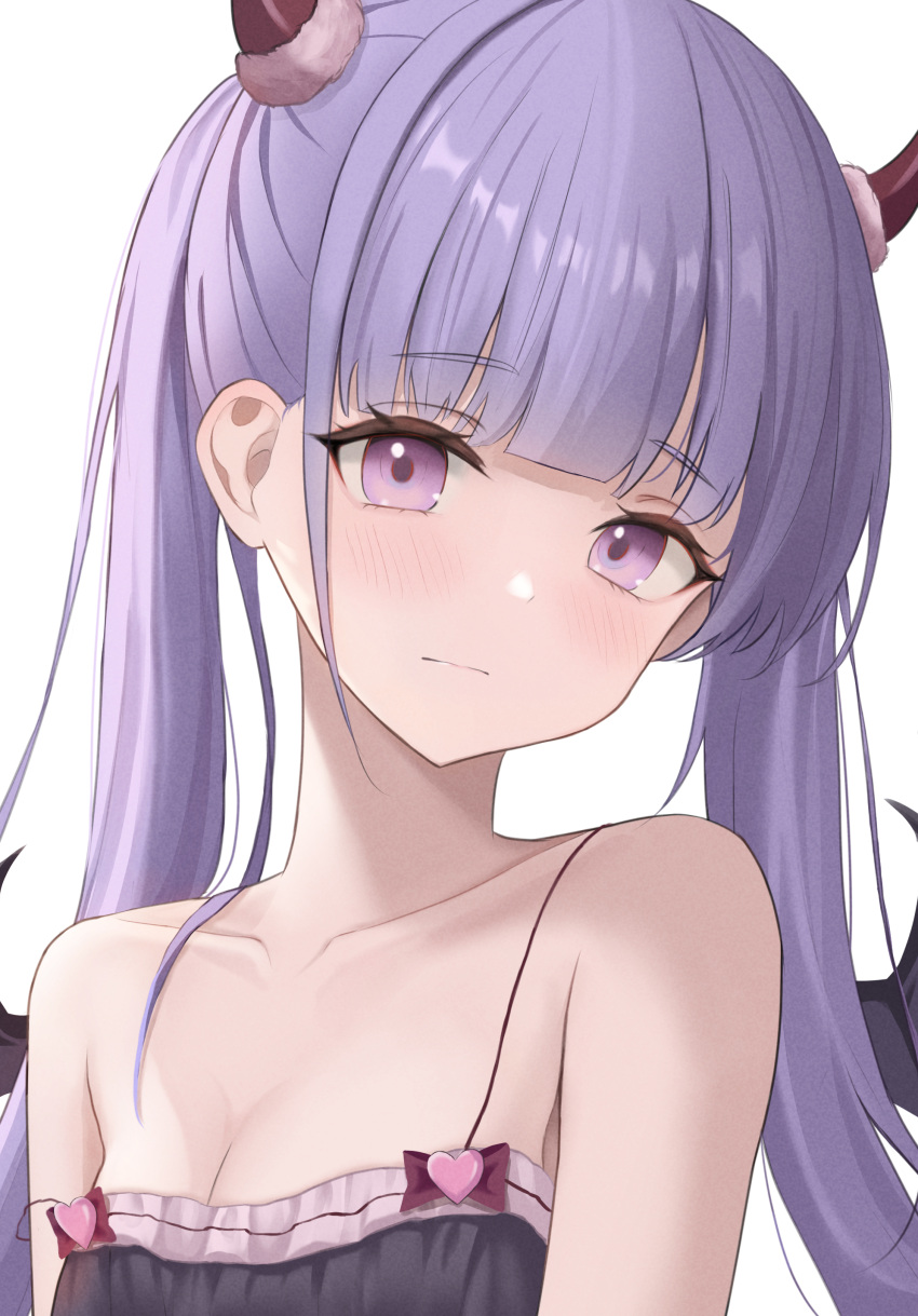 absurdres bangs bare_shoulders black_dress black_wings blunt_bangs blush closed_mouth collarbone cosplay demon_horns demon_wings dress eyebrows_visible_through_hair highres horns long_hair looking_at_viewer new_game! purple_eyes purple_hair simple_background suzukaze_aoba ttusee5 twintails upper_body white_background wings