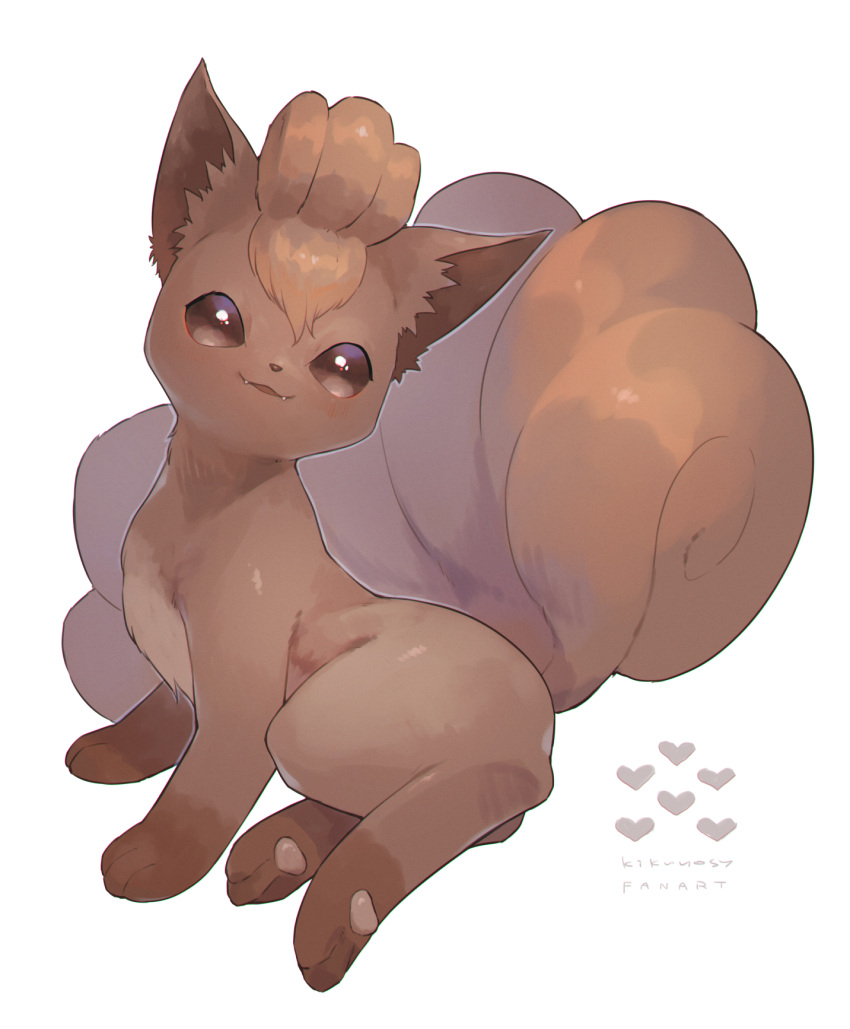 animal_focus blush brown_eyes brown_fur commentary_request fangs full_body heart highres kikuyoshi_(tracco) no_humans pokemon pokemon_(creature) signature solo vulpix white_background