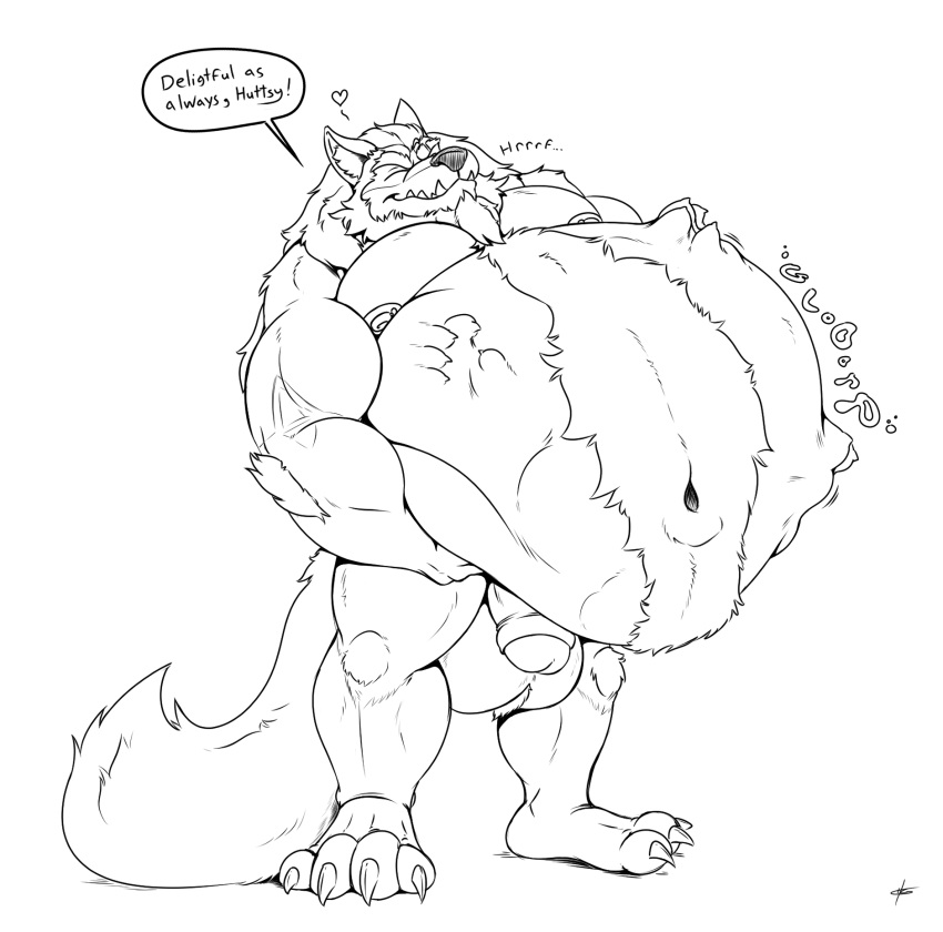 abdominal_bulge after_vore anthro balls belly big_belly canid canine canis eyes_closed flaccid genitals hi_res huttsergreywolf male mammal muscular muscular_male penis rumbling_stomach same_size_vore sharp_teeth solo teeth vore wolf