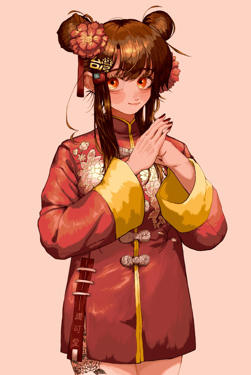 1girl alternate_costume alternate_hairstyle axis_powers_hetalia brown_hair chinese_clothes dress fist_in_hand flower gakudayo hair_flower hair_ornament hairpin highres leg_tattoo looking_at_viewer nail_polish orange_eyes pink_background republic_of_china_flag short_dress side_slit smile solo taiwan_(hetalia) tattoo wide_sleeves