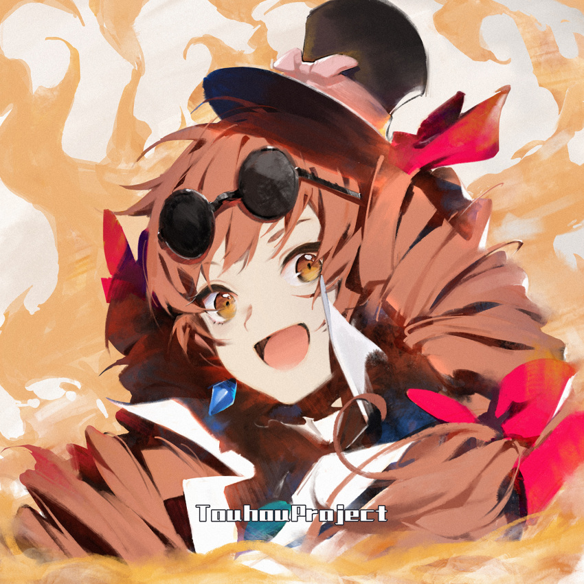 1girl :d black_headwear bow brooch commentary copyright_name drill_hair earrings eyewear_on_head hair_bow hat hat_bow highres jacket jewelry looking_at_viewer open_mouth orange_eyes orange_hair portrait red_bow smile sola7764 solo tinted_eyewear top_hat touhou twin_drills white_bow white_jacket yorigami_jo'on