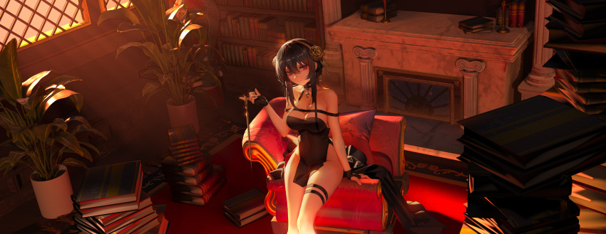 1girl absurdres armchair artificial_flower bare_shoulders black_coat black_dress black_gloves black_hair book book_stack bookshelf breasts candle chair cleavage coat coat_removed collarbone covered_navel dress feet_out_of_frame fingerless_gloves fireplace flower gloves groin hair_flower hair_ornament hairband highres holding holding_weapon indoors large_breasts no_panties parted_lips pillow plant potted_plant qiaoyiqiao_kanyikanla_zouguoluguobuyaocuoguo red_eyes short_hair_with_long_locks sidelocks sitting sleeveless sleeveless_dress smile solo spy_x_family thigh_strap weapon yellow_flower yellow_hairband yor_briar
