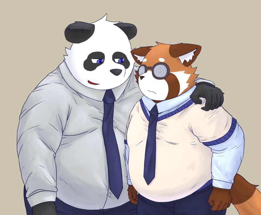 2022 ailurid anthro bari_mu belly big_belly black_body black_nose blue_eyes bottomwear clothing duo embrace eyewear giant_panda glasses hi_res hug kemono male mammal necktie overweight overweight_male pants red_panda shirt simple_background topwear ursid white_body