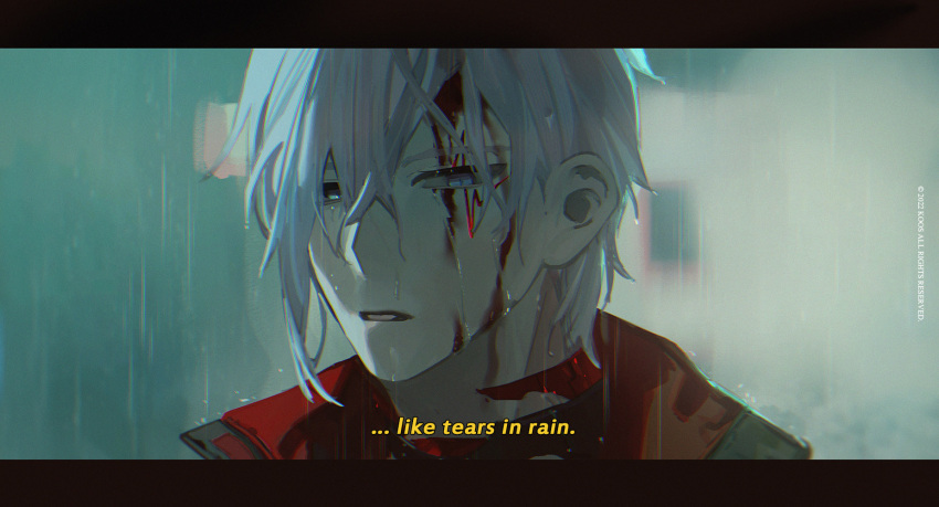 1boy bangs blade_runner blood blood_on_face blue_eyes english_text fulgur_ovid hair_behind_ear highres jacket k00s male_focus nijisanji nijisanji_en parted_lips portrait rain red_jacket scene_reference solo subtitled trait_connection virtual_youtuber wet white_hair