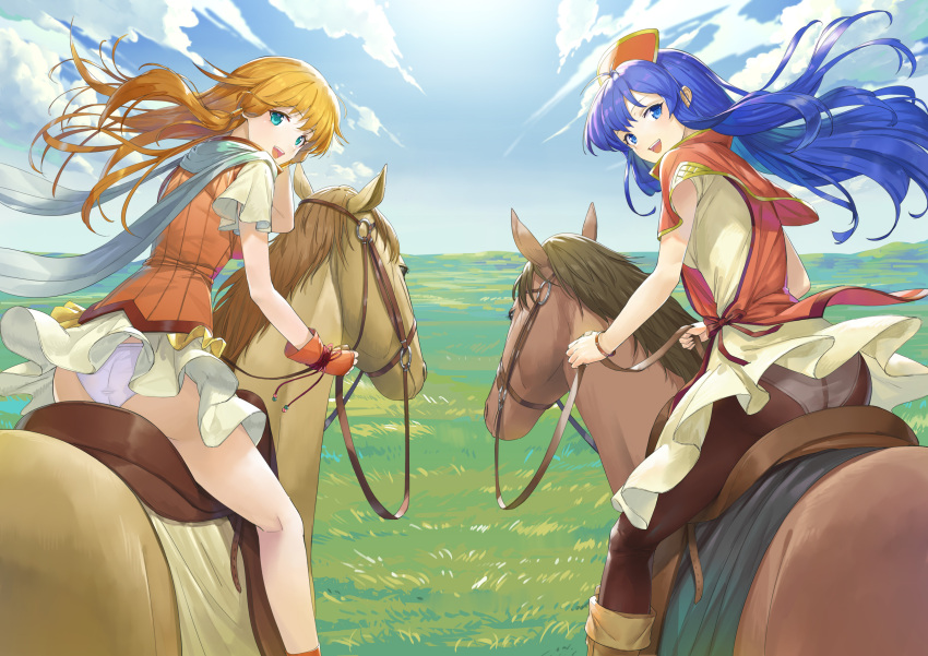 2girls :d absurdres ass blue_eyes blue_hair blue_sky brown_hair brown_legwear cloud commission dress eyebrows_visible_through_hair field fingerless_gloves fire_emblem fire_emblem:_radiant_dawn fire_emblem:_the_binding_blade from_behind gloves grass hat highres holding holding_reins horizon horse horseback_riding lilina_(fire_emblem) looking_at_viewer looking_back miniskirt mist_(fire_emblem) multiple_girls open_mouth orange_gloves panties panties_under_pantyhose pantyhose pantyshot reins riding saddle scarf short_dress short_sleeves skeb_commission skirt sky smile souto_(0401) underwear upskirt white_panties wind wind_lift