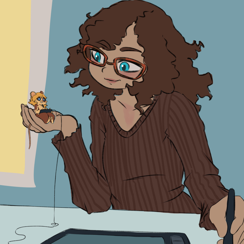 2022 alice_(moomaid) alternate_species anthro blue_eyes brown_hair carly_(cupcakesama) cupcakesama digital_media_(artwork) duo eyewear female glasses hair hi_res holding_character holding_tablet_pen human mammal micro mouse murid murine rodent sitting smile