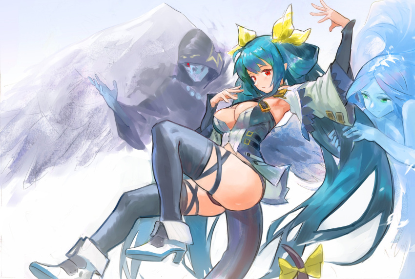 1girl absurdres angel_wings arm_up armpits ass asymmetrical_wings bangs belt black_legwear blue_hair breasts choker cleavage closed_mouth clothing_cutout detached_sleeves dizzy_(guilty_gear) expressionless glowing glowing_eye green_eyes guilty_gear guilty_gear_xrd hair_rings high_heels highres large_breasts letro long_hair mature_female monster_girl necro_(guilty_gear) pose red_eyes revision ribbon shiny shiny_skin sidelocks simple_background solo tail tail_ornament tail_ribbon thigh_strap thighhighs thighs twintails undine_(guilty_gear) white_background wings