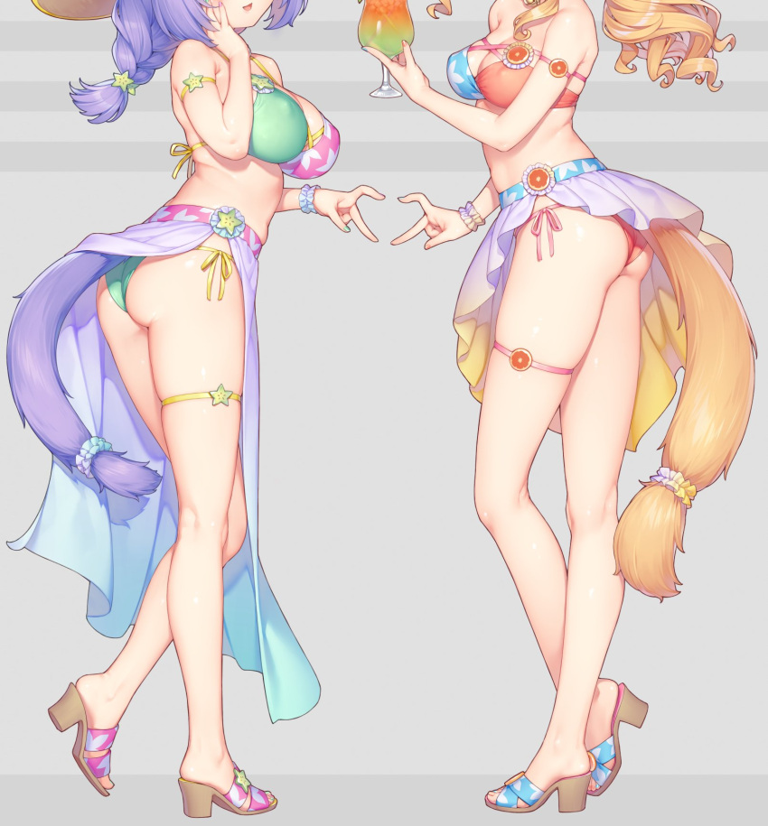 2girls :d alternate_hairstyle arm_strap ass bare_arms bikini blonde_hair braid breasts cat_tail cinnamon_(nekopara) cup drill_hair drinking_glass facing_viewer flip-flops hand_on_own_cheek hand_on_own_face head_out_of_frame heart heart_hands heart_hands_duo high_heels highres large_breasts legs long_sleeves maple_(nekopara) medium_breasts multiple_girls nekopara official_art open_mouth purple_hair sandals sarong sayori_(neko_works) scrunchie side-tie_bikini simple_background smile swimsuit tail tail_scrunchie thigh_strap wrist_scrunchie