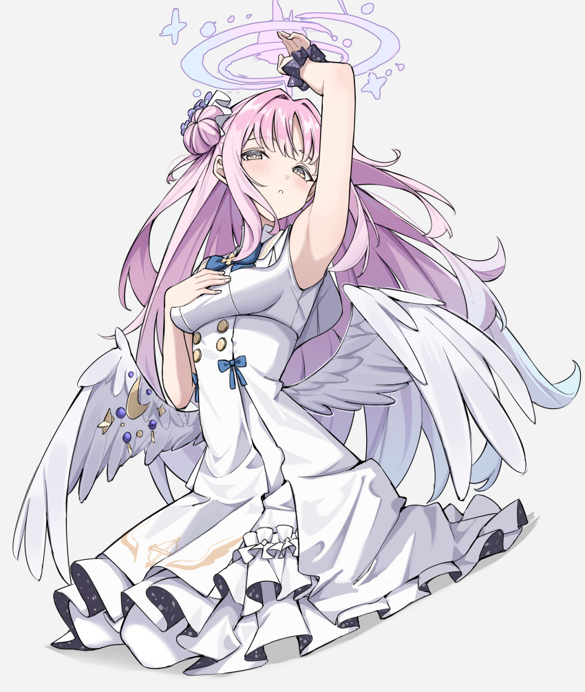 1girl absurdres arm_up armpits bangs bare_arms blue_archive blue_bow blue_bowtie blue_hair blush bow bowtie breasts doughnut_hair_bun dress feathered_wings frilled_dress frills full_body gradient_hair halo hand_on_own_chest hand_up highres long_hair looking_at_viewer low_wings medium_breasts mika_(blue_archive) multicolored_hair pantyhose parted_lips pink_hair scrunchie side_bun simple_background sitting solo tamago_(eva1314056) very_long_hair white_dress white_legwear wings wrist_scrunchie yellow_eyes