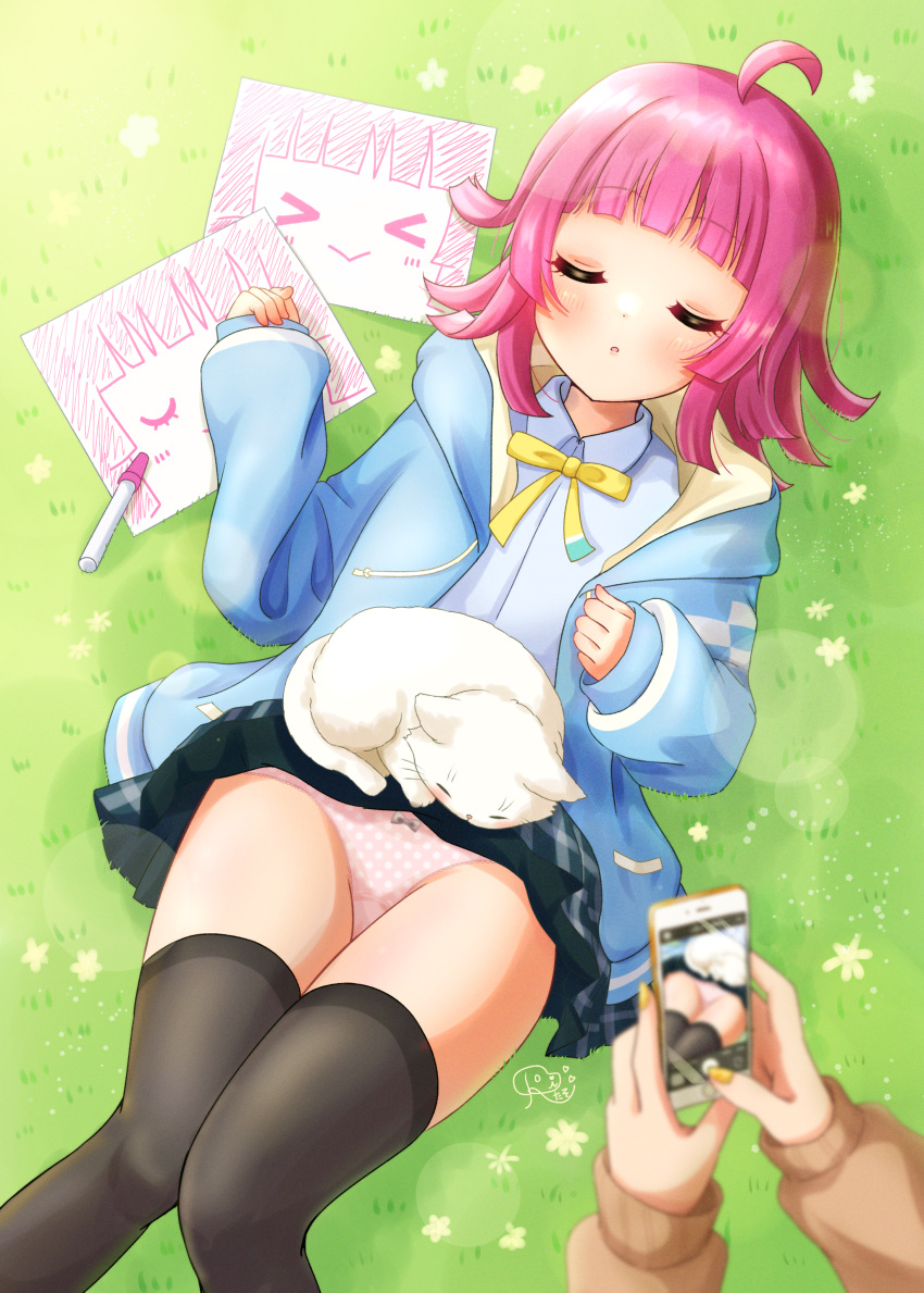 &gt;_&lt; 1girl :&gt; absurdres ahoge bangs black_legwear black_skirt blue_jacket blunt_ends blush bow bow_panties bowtie cat cat_on_person cellphone closed_eyes clothes_lift commentary_request day dot_nose eyebrows_visible_through_hair grass hanpen_(nijigasaki) highres holding holding_phone hood hooded_jacket jacket legs long_sleeves love_live! love_live!_nijigasaki_high_school_idol_club lying marker nijigasaki_academy_school_uniform on_grass outdoors panties paper parted_lips phone pink_hair pink_panties polka_dot polka_dot_panties rina-chan_board ritaso school_uniform shirt short_hair sidelocks skirt skirt_lift sleeping sleeves_past_wrists smartphone solo_focus taking_picture tennouji_rina thighhighs thighs underwear white_cat white_shirt wing_collar yellow_bow yellow_bowtie