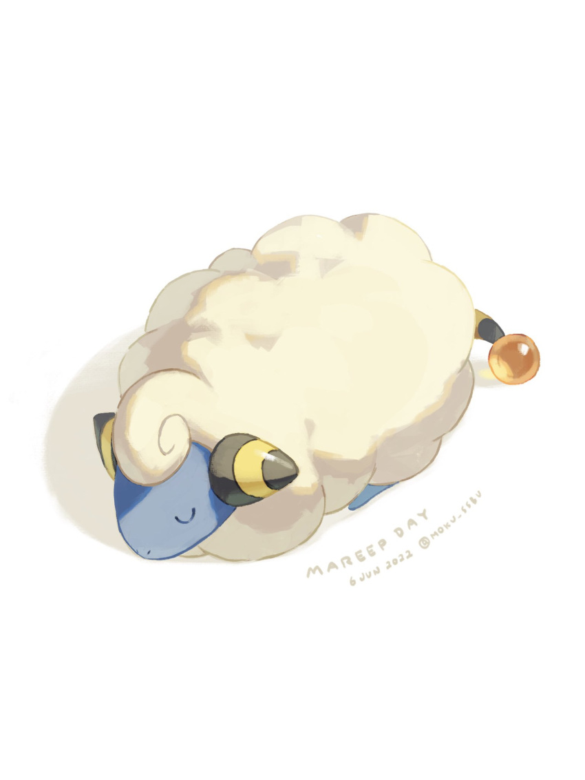 character_name closed_eyes commentary_request dated full_body highres lying mareep mokuzou_(moku_ssbu) no_humans on_stomach pokemon pokemon_(creature) sleeping solo u_u