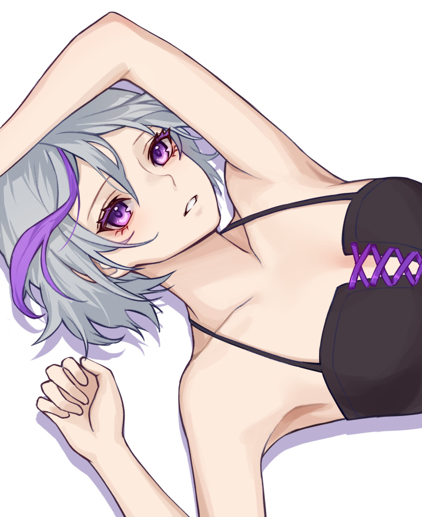 1girl alternate_costume aqua_hair bangs bare_shoulders black_tank_top breasts collarbone contender_(girls'_frontline) danxing_aipangzi eyebrows_visible_through_hair girls'_frontline highres looking_at_viewer lying multicolored_hair on_back open_mouth purple_eyes short_hair small_breasts solo streaked_hair tank_top upper_body white_background