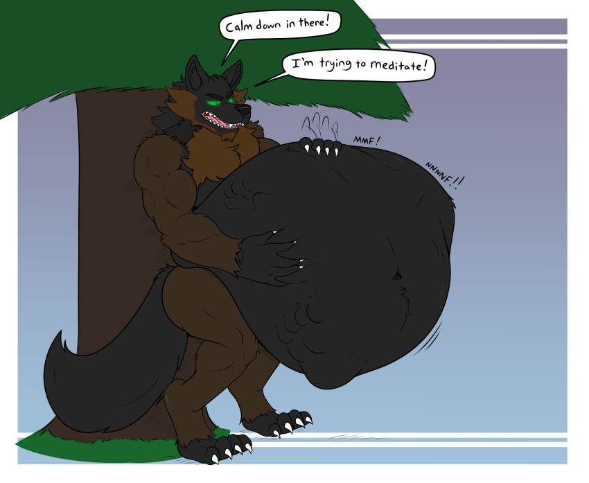 abdominal_bulge after_vore anthro belly big_belly canid canine canis dialogue green_eyes hi_res huttsergreywolf male mammal plant same_size_vore sharp_teeth teeth tongue tree vore wolf