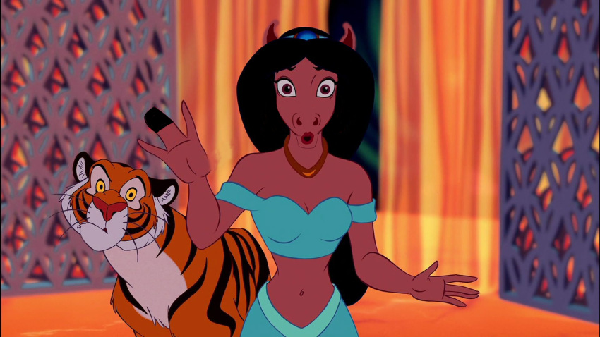 black_hair disney disney's_aladdin disney_princess duo edited_screencap equid equine felid feline female hair hi_res horse hulksmash31 hulksmash31_(artist) looking_at_viewer mammal mid_transformation pantherine princess_jasmine_(disney) rajah_(disney) surprise tiger transformation