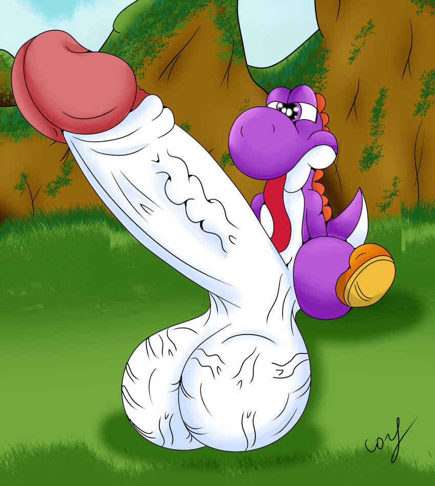 anthro balls big_penis genitals hi_res huge_penis male mario_bros nintendo penis solo tongue tongue_out video_games yoshi