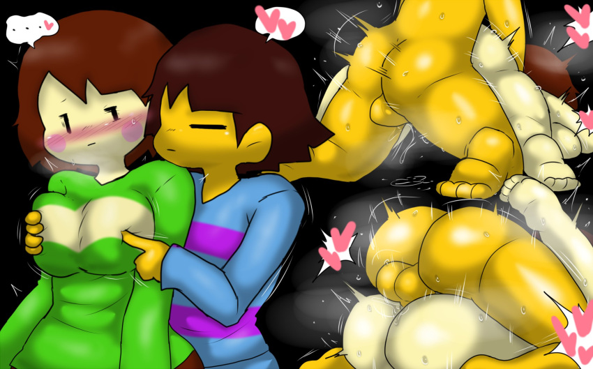 &lt;3 age_difference balls blush bodily_fluids breast_play breasts butt chara_(undertale) doggystyle duo enigi09 female frisk_(undertale) from_behind_position from_front_position genital_fluids genitals hair hi_res human male male/female mammal mating_press penetration pussy_juice sex sweat undertale undertale_(series) vaginal vaginal_penetration video_games yellow_body yellow_skin young young_on_young younger_female younger_male younger_penetrated