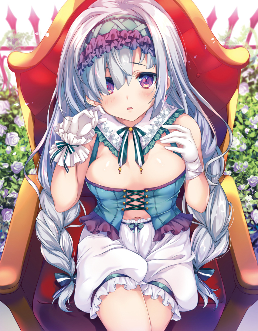 1girl blush braid breasts chair gloves hairband highres kaniya_shiku lolita_hairband looking_at_viewer navel open_mouth original purple_eyes sitting solo white_gloves white_hair