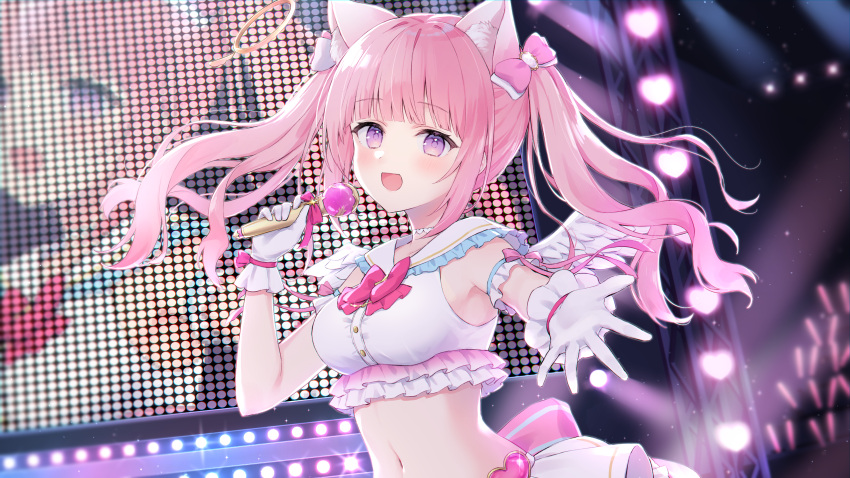 1girl :d absurdres angel angel_wings animal_ear_fluff animal_ears bangs beckoning blunt_bangs breasts cat_ears commission feathered_wings gloves halo highres holding holding_microphone idol indie_virtual_youtuber mashiro_mayu microphone midriff navel open_mouth pink_hair purple_eyes reaching_out sailor_collar shano_hiyori skeb_commission skirt small_breasts smile stage twintails virtual_youtuber white_gloves white_sailor_collar white_skirt white_wings wings