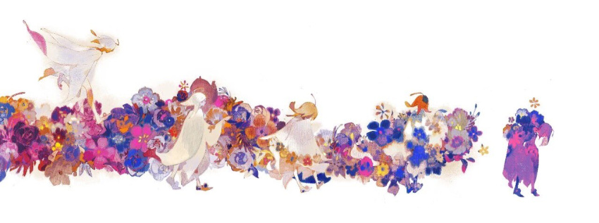 1girl age_progression autumn_leaves bangs blonde_hair blue_flower cathy_inaba cloak facing_away facing_down falling_leaves flower leaf leaf_clothing leaf_on_head leaning_forward minigirl multiple_views nature original personification pink_flower profile purple_hair red_flower red_hair running shoes simple_background standing walking white_background white_cloak white_hair withered