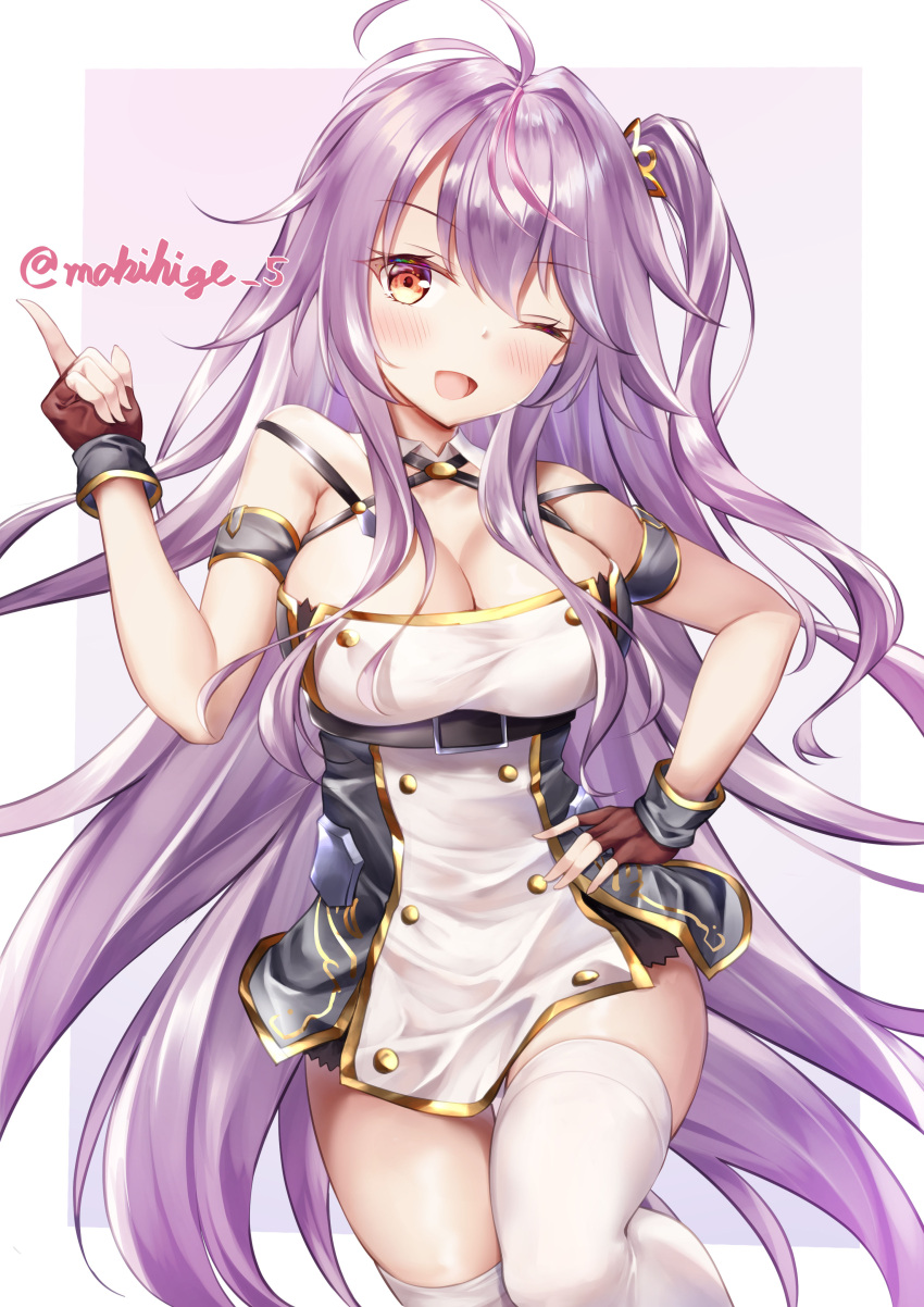 1girl absurdres ahoge artist_name azur_lane breasts brown_gloves buttons cleavage double-breasted dress fingerless_gloves gloves gold_trim grenville_(azur_lane) hand_on_hip highres large_breasts long_hair looking_at_viewer makihige microdress multicolored_hair one_eye_closed open_mouth oppai_loli orange_eyes pink_background purple_hair simple_background solo streaked_hair thighhighs two-tone_background very_long_hair white_background white_legwear