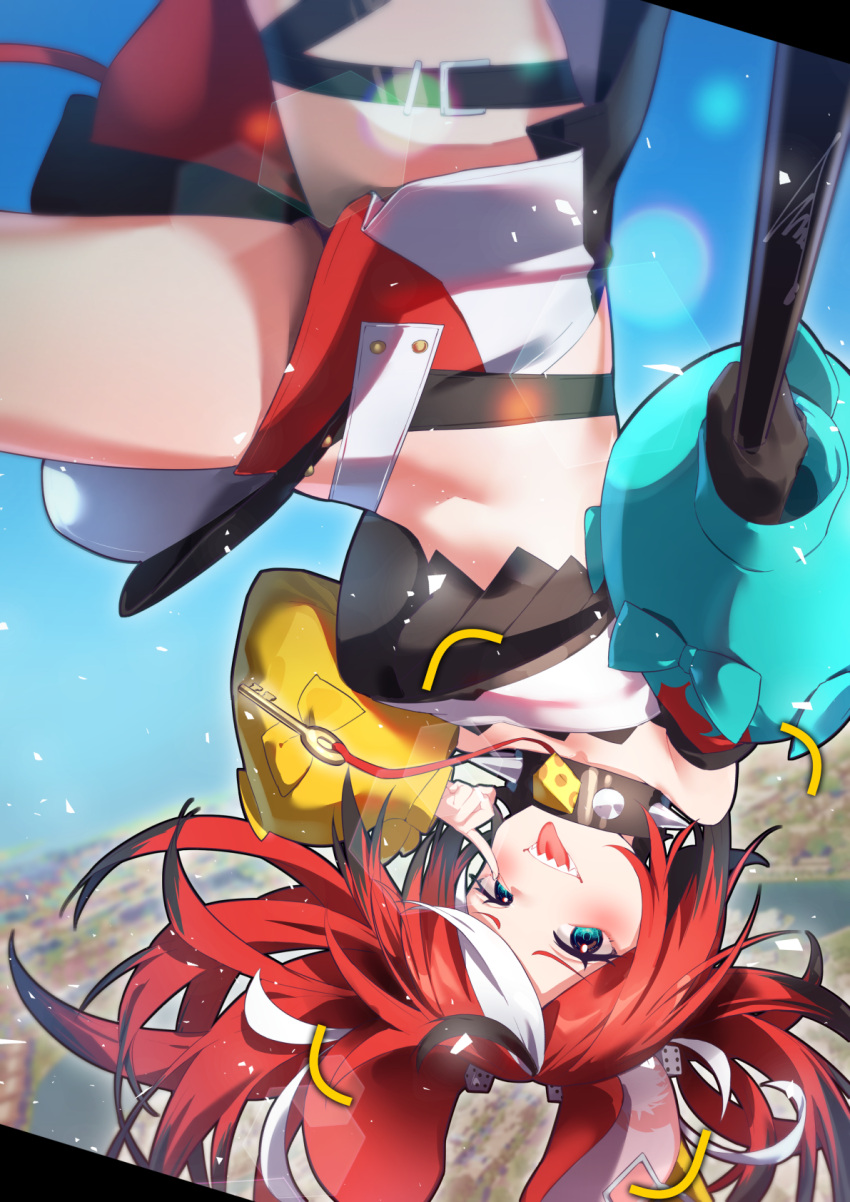 1girl :p akanbe animal_ear_fluff animal_ears asymmetrical_sleeves black_gloves black_hair blue_eyes blush cheese collar crop_top day dice_hair_ornament food gloves hair_ornament hakos_baelz highres holding hololive hololive_english key long_hair long_sleeves midriff miniskirt mismatched_sleeves mouse_ears multicolored_hair outdoors overlord_(overlord80000) puffy_long_sleeves puffy_sleeves red_hair red_skirt selfie_stick sharp_teeth single_glove skirt solo spiked_collar spikes streaked_hair teeth thigh_strap tongue tongue_out upside-down virtual_youtuber white_hair white_skirt