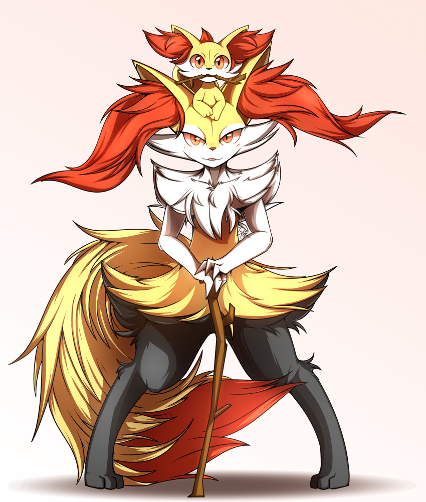 1girl :3 absurdres animal_ear_fluff animal_ears animal_feet animal_nose artist_name black_fur blush body_fur braixen commentary english_commentary fennekin flat_chest fox_ears fox_girl fox_tail fur_collar furry furry_female gradient gradient_background half-closed_eyes hands_on_hilt happy highres knox_is_not_dead light_blush looking_at_viewer mouth_hold multicolored_fur nose_blush on_head open_mouth own_hands_together pigeon-toed pink_background pokemon pokemon_(creature) pokemon_on_head red_eyes signature simple_background smile solo_focus stick straight-on tail white_fur yellow_fur