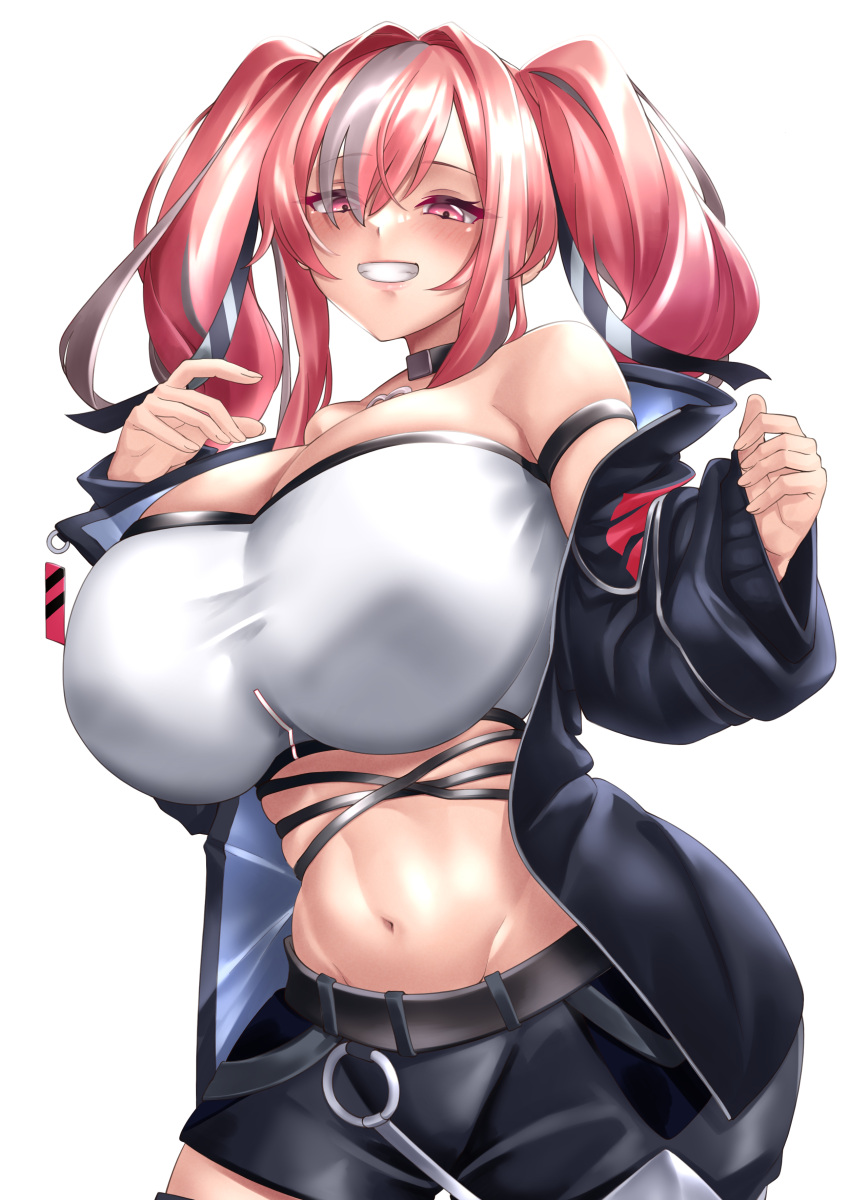 1girl absurdres azur_lane black_choker black_jacket black_shorts breasts bremerton_(azur_lane) choker covered_nipples cowboy_shot crop_top from_above grey_hair hair_between_eyes highres huge_breasts jacket looking_at_viewer looking_down midriff multicolored_hair open_clothes open_jacket pink_eyes pink_hair short_shorts shorts simple_background solo streaked_hair teeth twintails two-tone_hair ura_tomoya white_background zozotown