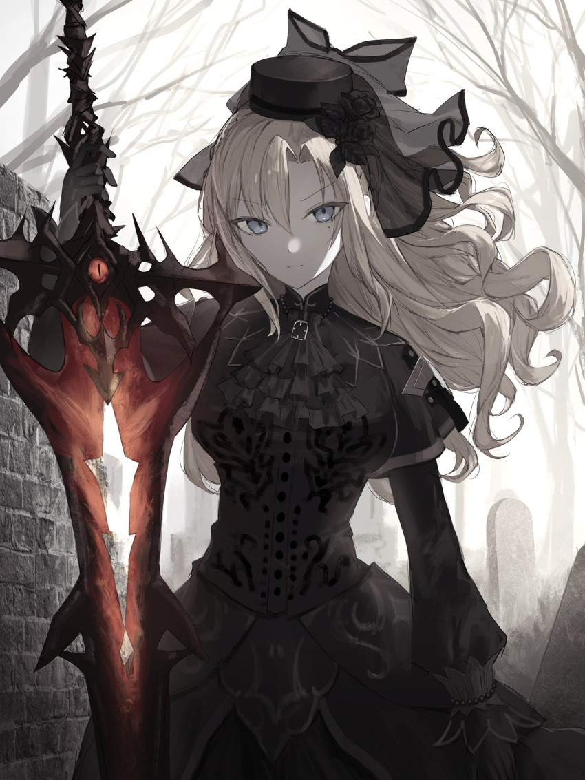 1girl ascot balmung_(fate/apocrypha) black_ascot black_dress black_gloves black_headwear blue_eyes breasts buttons closed_mouth commentary_request dress expressionless eyebrows_visible_through_hair fate/grand_order fate_(series) floating_hair gloves greatsword hat highres holding holding_sword holding_weapon kriemhild_(fate) long_hair long_sleeves looking_at_viewer medium_breasts mole mole_under_eye outdoors pale_skin solo sword tamitami tombstone tree veil weapon white_hair