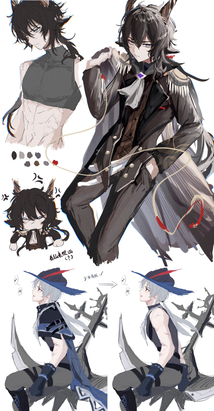 2boys absurdres anger_vein animal_ears arknights bangs black_capelet black_hair black_headwear black_jacket black_pants black_shirt capelet chibi crop_top cropped_torso ebenholz_(arknights) epaulettes feet_out_of_frame from_side grey_eyes grey_hair grey_pants hair_between_eyes hand_in_pocket highres horns jacket long_hair long_sleeves looking_at_viewer male_focus midriff multiple_boys multiple_views pants scar scar_on_arm scythe shirt sitting sleeveless sleeveless_shirt stomach ulpian_(arknights) upper_body weapon white_background zuo_daoxing