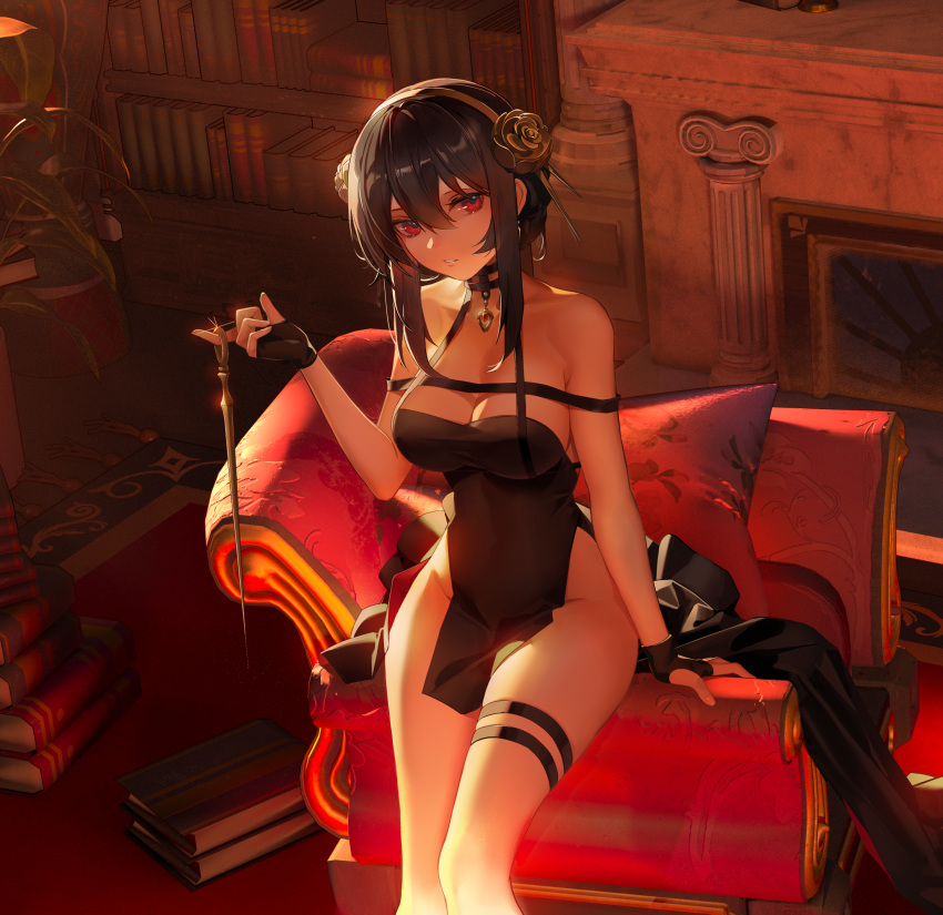 1girl absurdres armchair artificial_flower bare_shoulders black_coat black_dress black_gloves black_hair book book_stack bookshelf breasts chair cleavage coat coat_removed collarbone covered_navel dress feet_out_of_frame fingerless_gloves fireplace flower gloves groin hair_flower hair_ornament hairband highres holding holding_weapon indoors large_breasts no_panties parted_lips pillow plant potted_plant qiaoyiqiao_kanyikanla_zouguoluguobuyaocuoguo red_eyes short_hair_with_long_locks sidelocks sitting sleeveless sleeveless_dress smile solo spy_x_family thigh_strap weapon yellow_flower yellow_hairband yor_briar