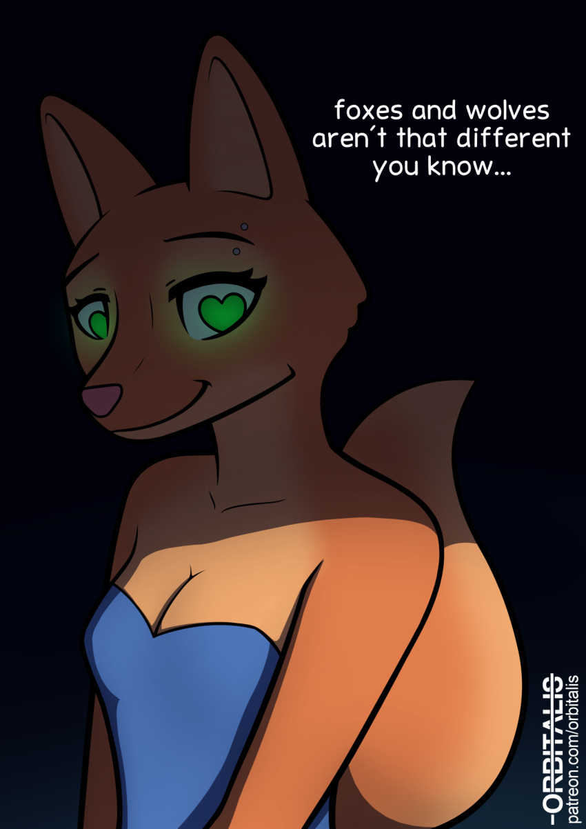 &lt;3 &lt;3_eyes anthro blue_clothing blue_dress breasts canid canine cleavage clothed clothing diane_foxington dreamworks dress english_text eyebrow_piercing facial_piercing female fox fur glowing glowing_eyes green_eyes hi_res looking_at_viewer mammal orange_body orange_fur orange_tail orbitalis piercing pink_nose simple_background smile solo strapless_clothing strapless_dress text the_bad_guys url